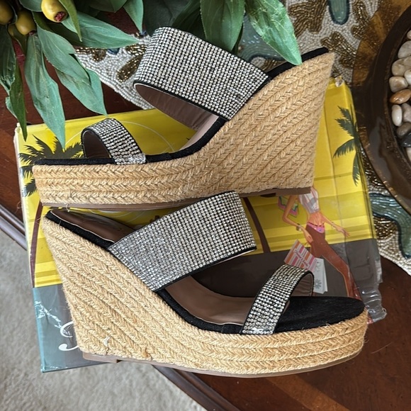 Brand New Black & Silver Crystal Rhinestone Wedge Sandals Sparkly Sexy 4.5” Heel - Picture 12 of 16